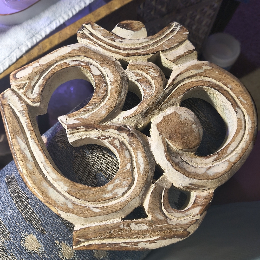 Carved Wooden Om Symbol Wall Art - Distressed Beige & Natural Wood